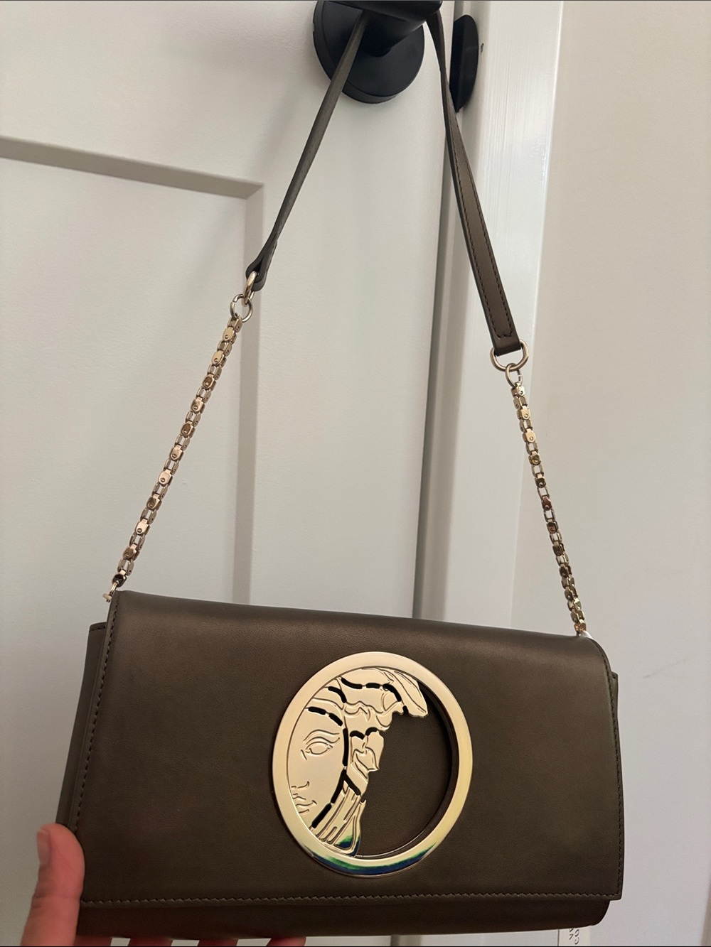 Versace Olive Green Leather Crossbody with Gold Medusa Emblem